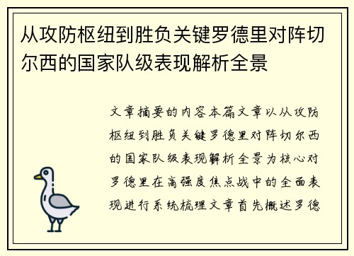 从攻防枢纽到胜负关键罗德里对阵切尔西的国家队级表现解析全景
